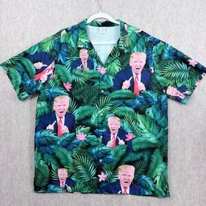 GarmentOne Donald Trump Tropical Palm Button Up Shirt Large Green Novelty Satire